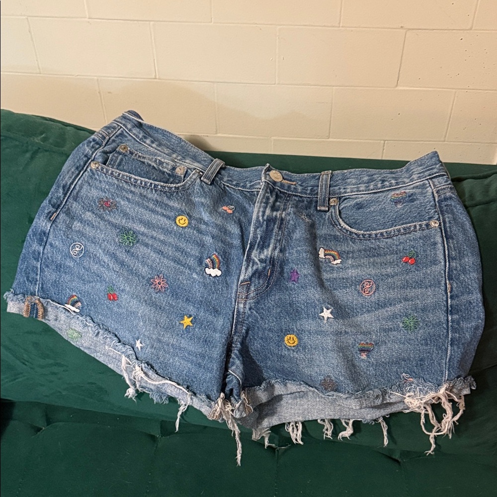 American Eagle Outfitters Blue Embroidered Jean Shorts